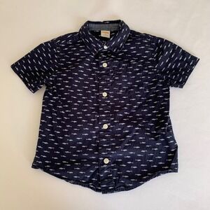Gymboree Navy Blue Shark Print Button Down Shirt Boys 3T Nautical Beach Coastal